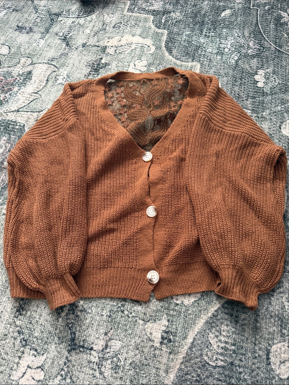 SHEIN Lace-Back Button Cardigan in Rust Brown